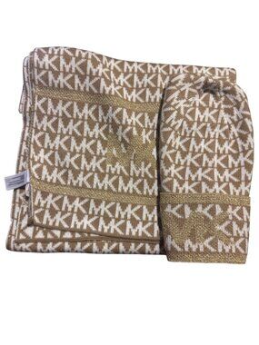 Michael Kors MK Logo Knit Scarf & Beanie Hat Set O/S Beige White NWT